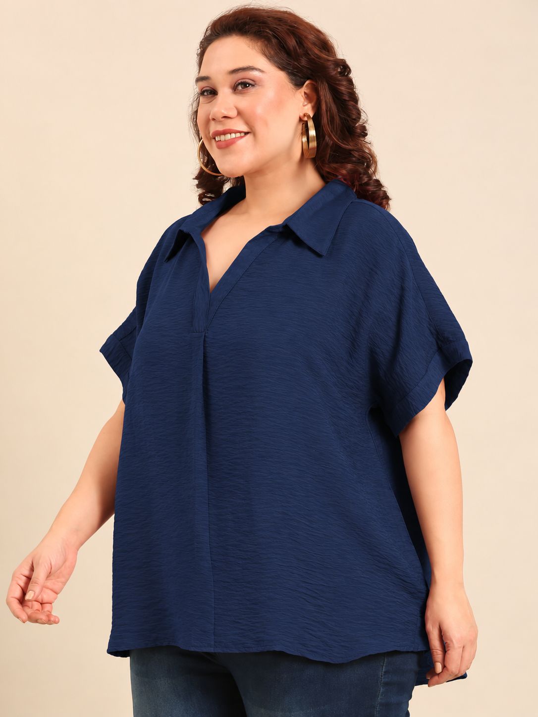 Cyan Navy Drop-Shoulder Collar Top