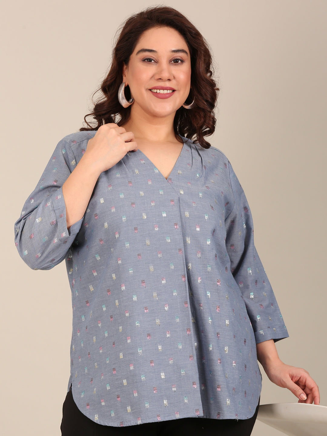 Multi-Color Dobby V-Neck Top