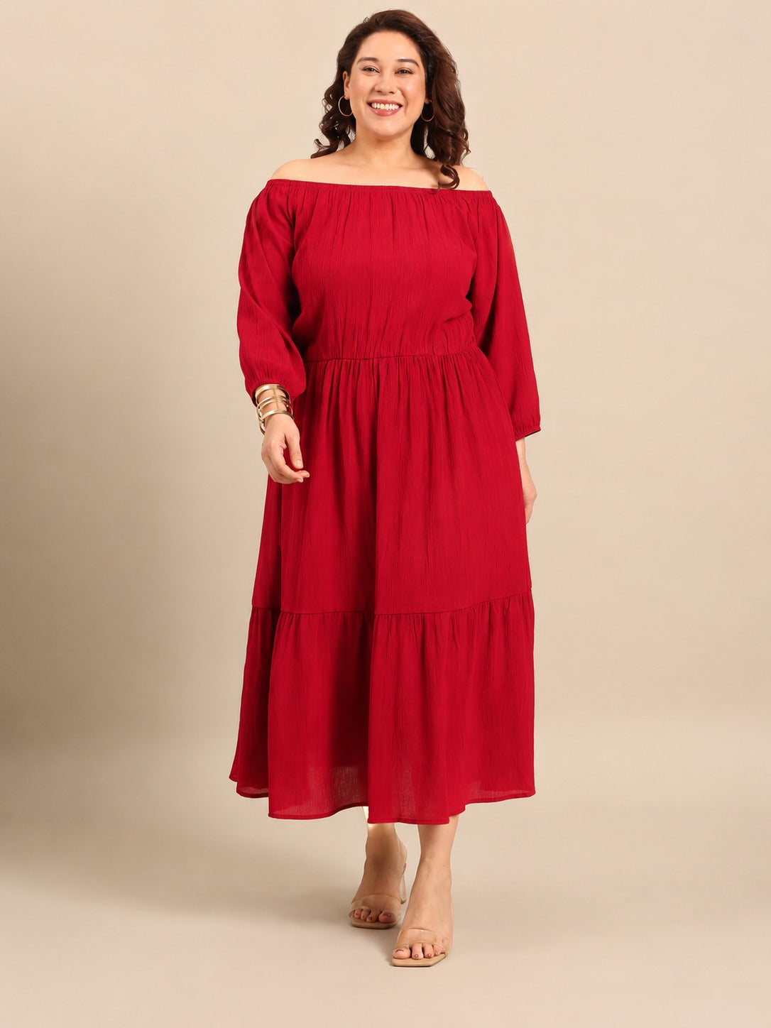 Red Crepe Off Shoulder Dress