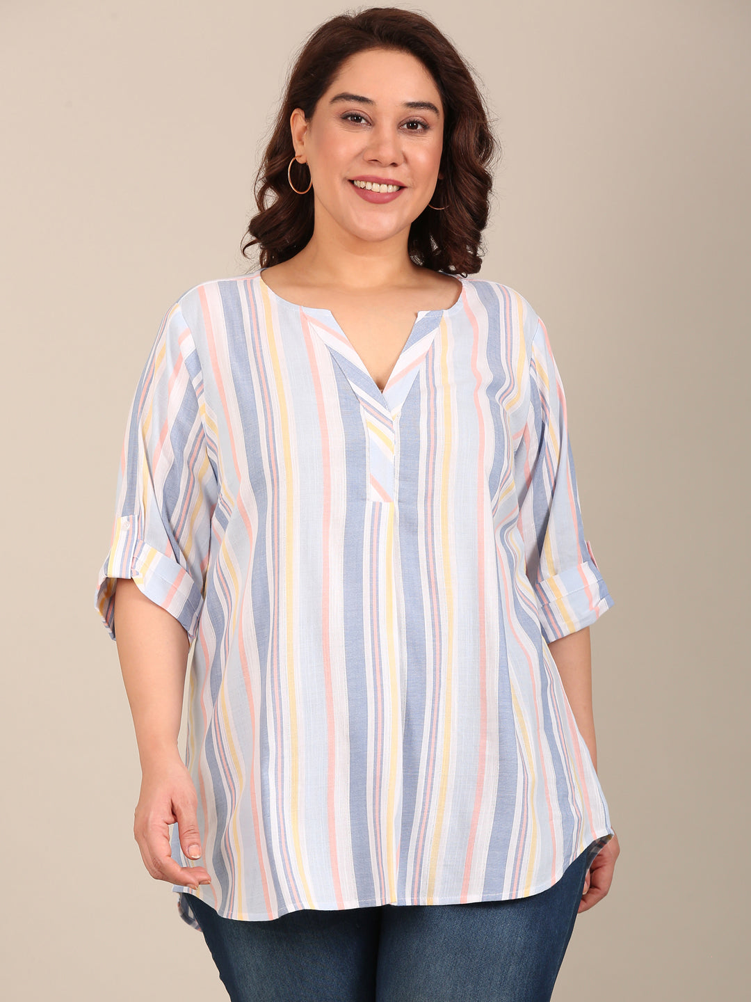 Multi Striped Front Pleat Top