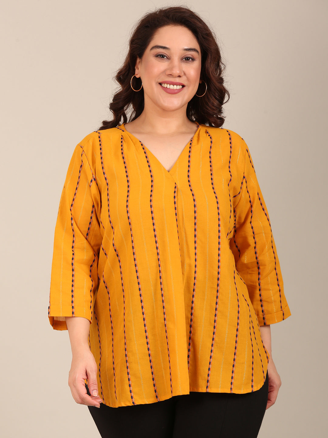 Mustard Striped V-Neck Top