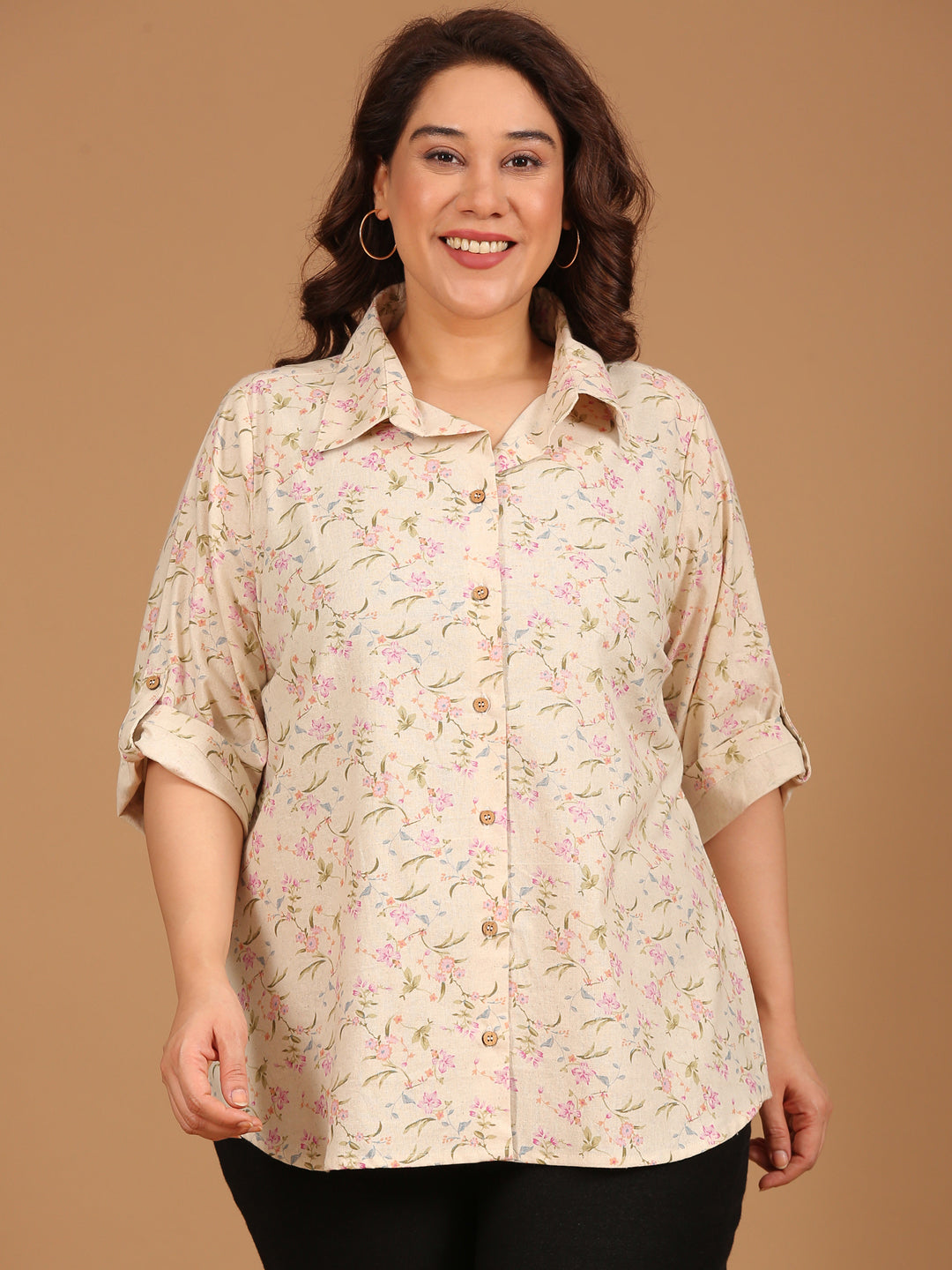 Beige Floral Button-Down Shirt