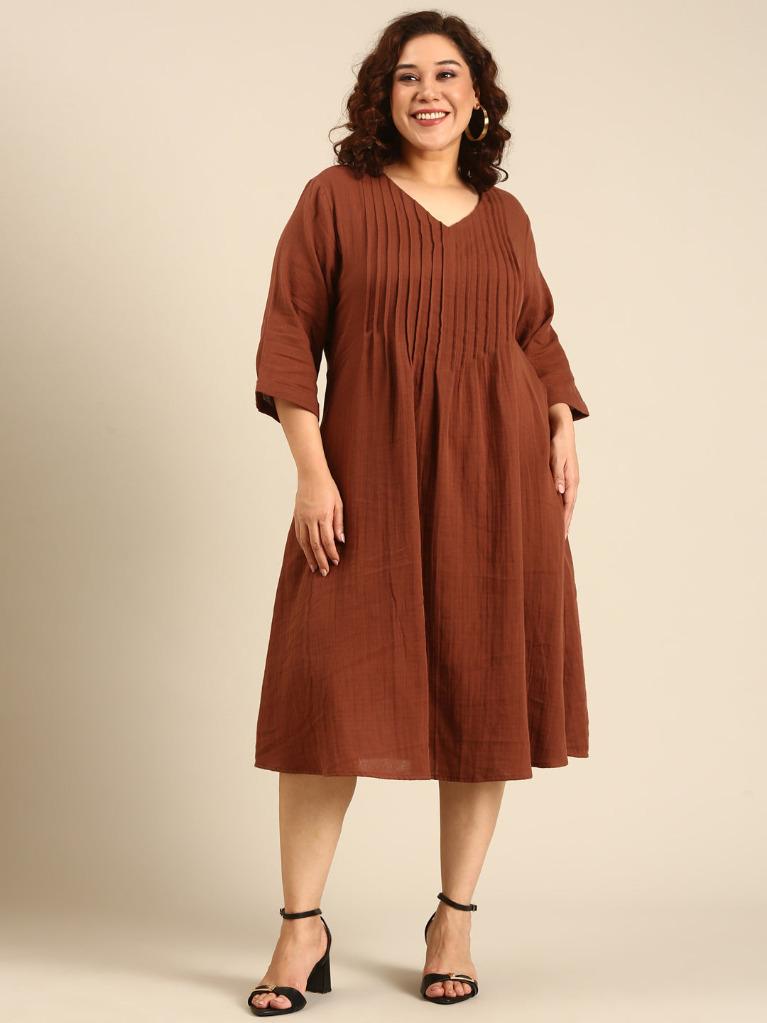 Brown Cotton PinTuck Dress