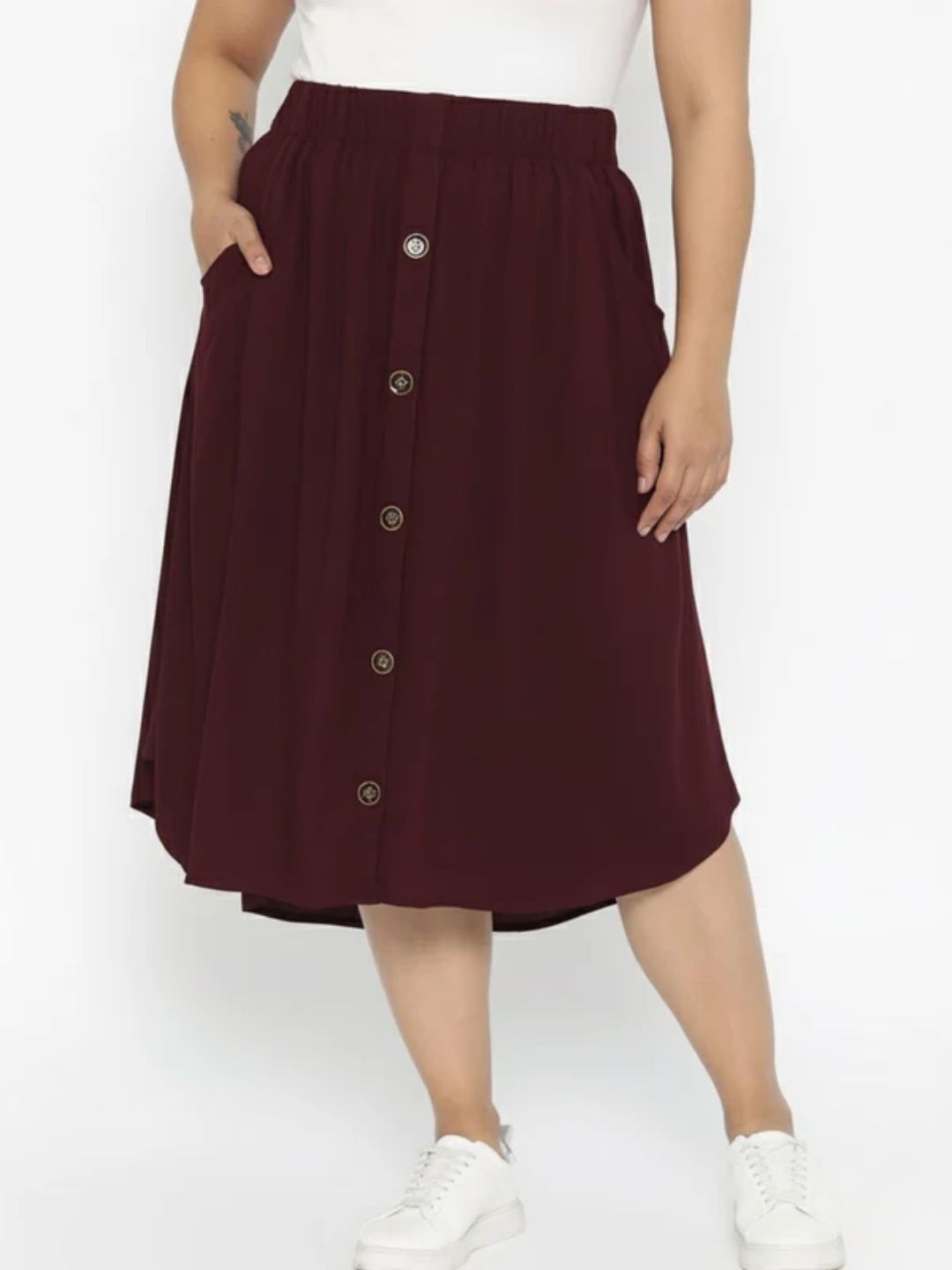 Burgundy A-line Button Skirt