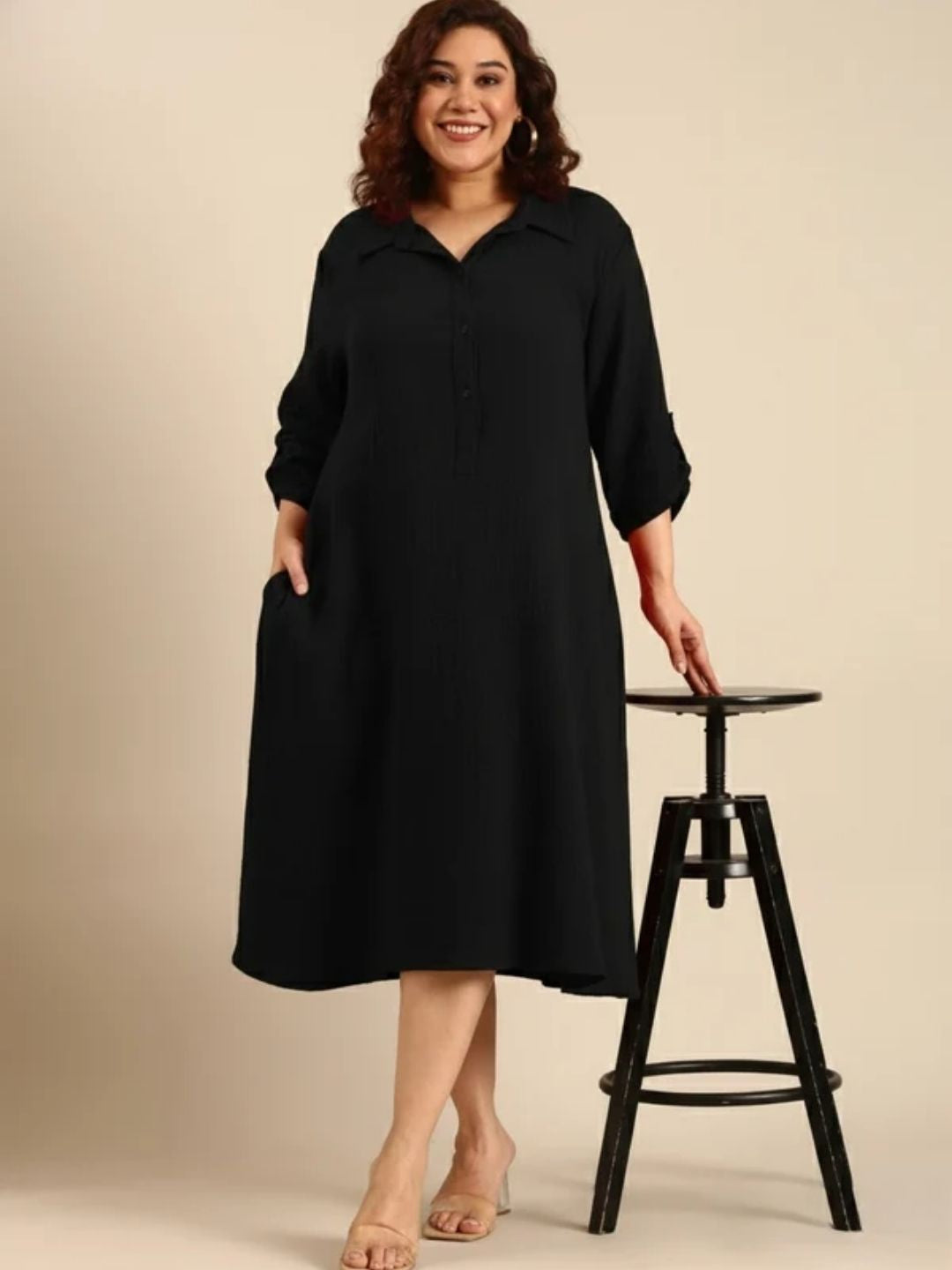 Black Cotton A-Line Dress