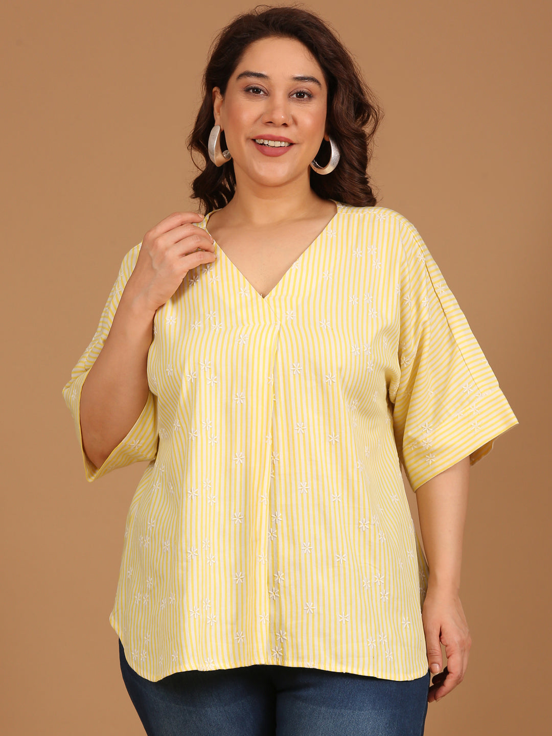 Yellow Embroidered Front Pleat Top