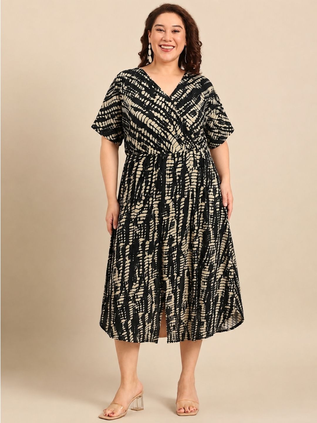 Black & Beige Abstract Print Midi Dress