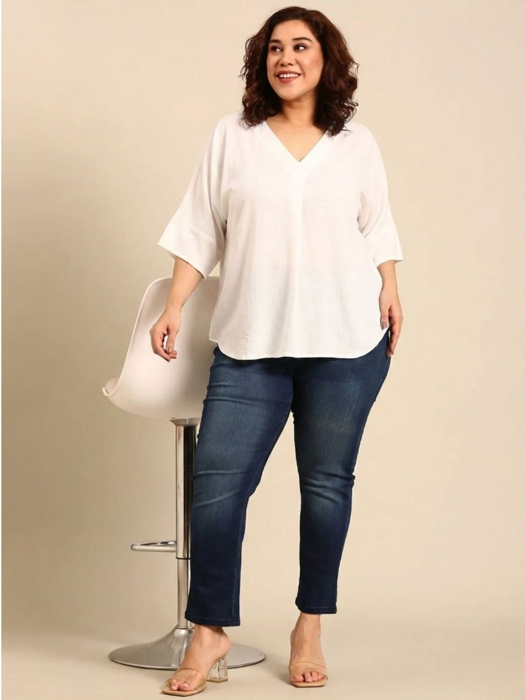 White V-Neck Drop Shoulder Top