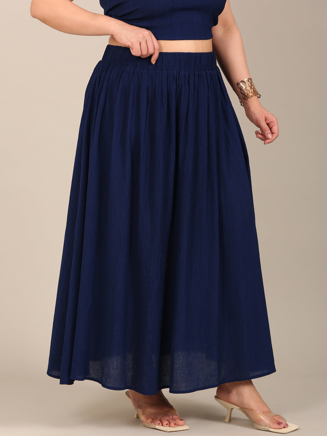 Solid Navy Crepe Long Skirt
