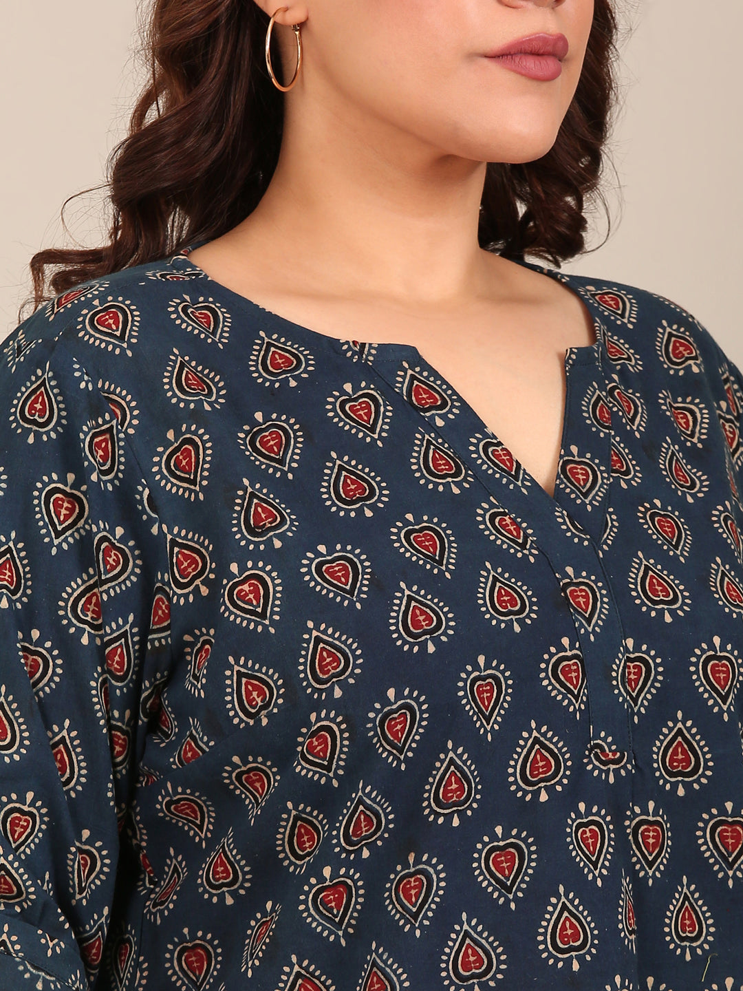 Navy Cotton Printed V Neck Top