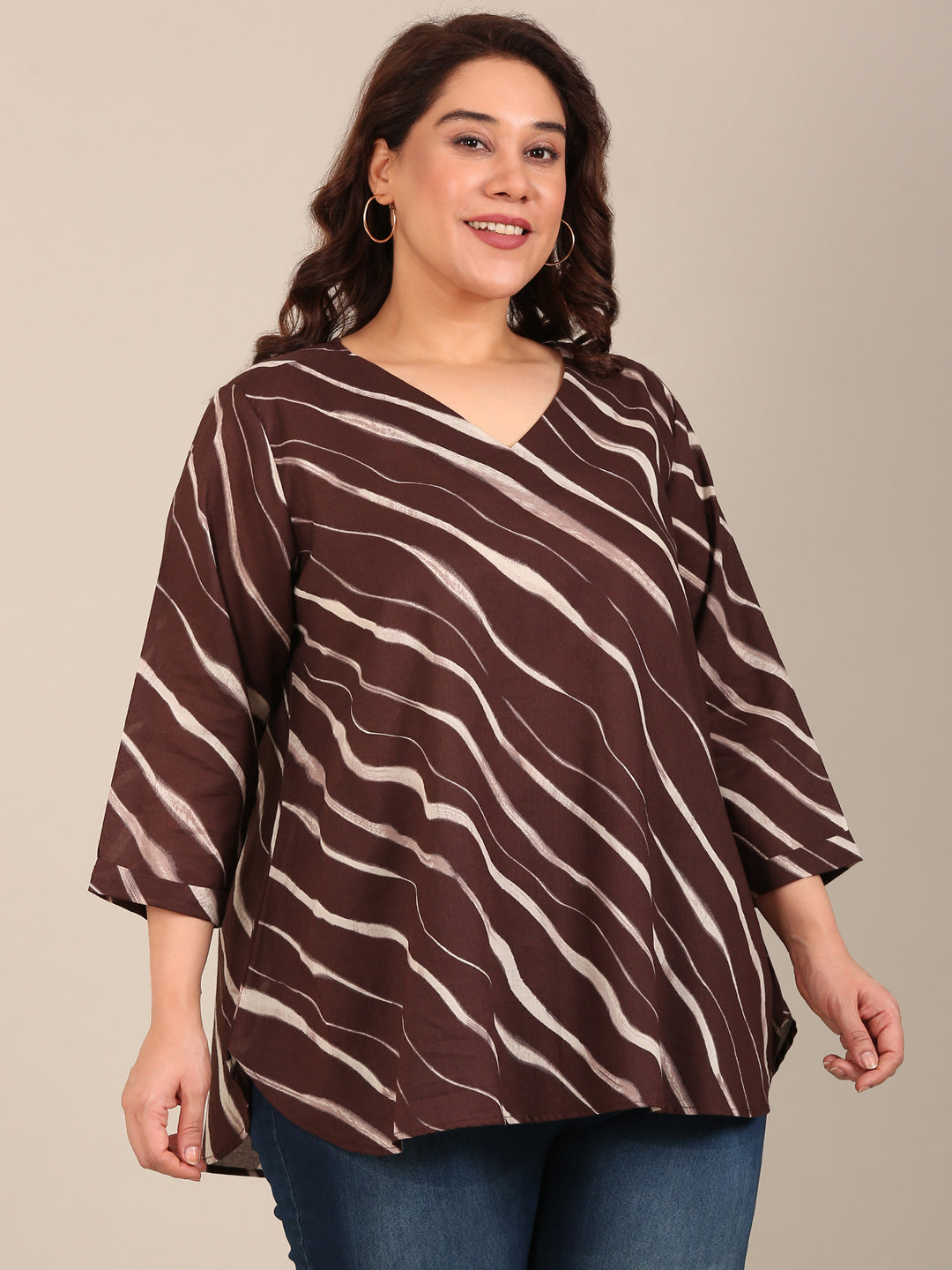 Brown Abstract V Neck Top
