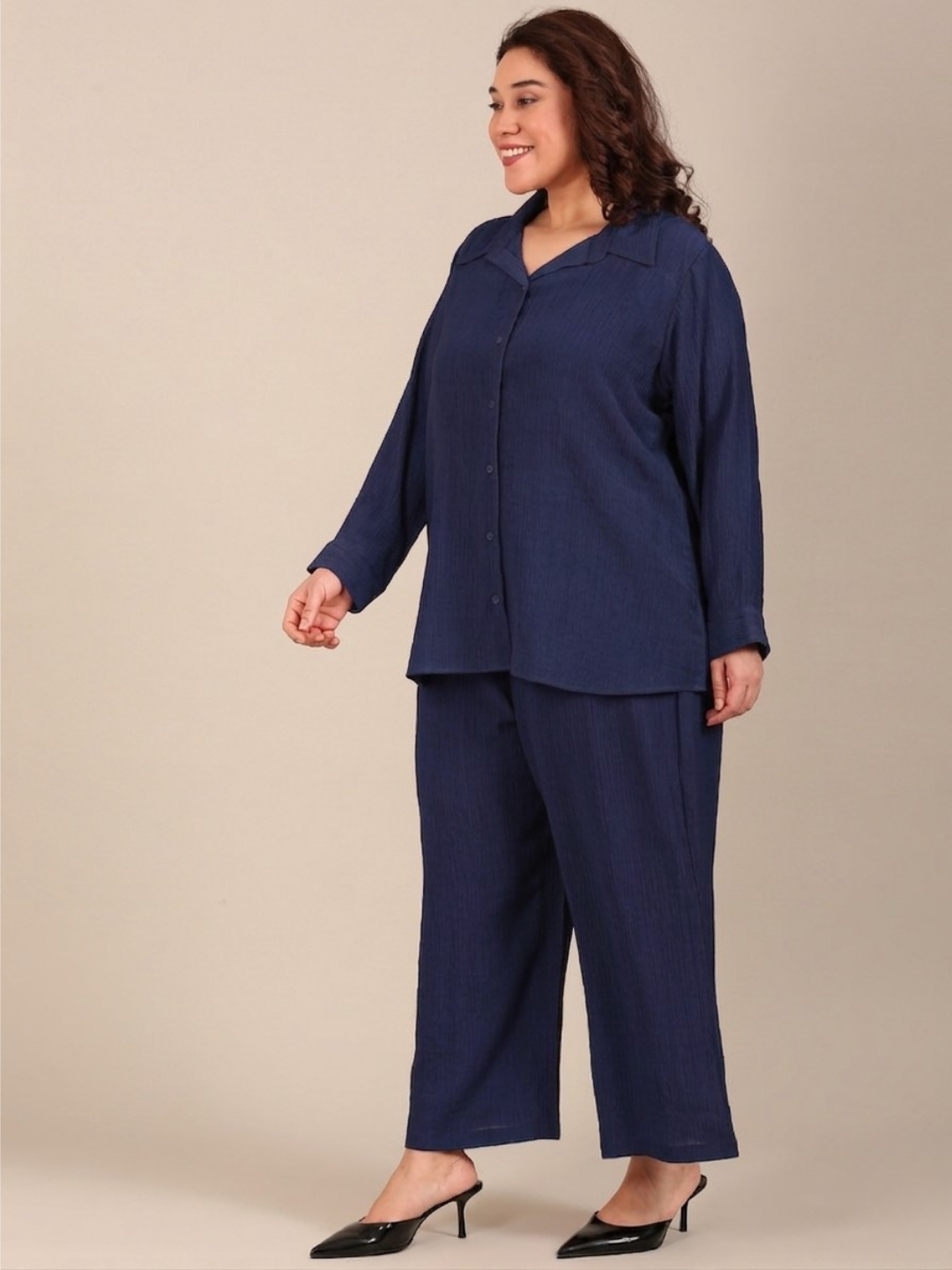 Navy Crepe Button-Down Shirt