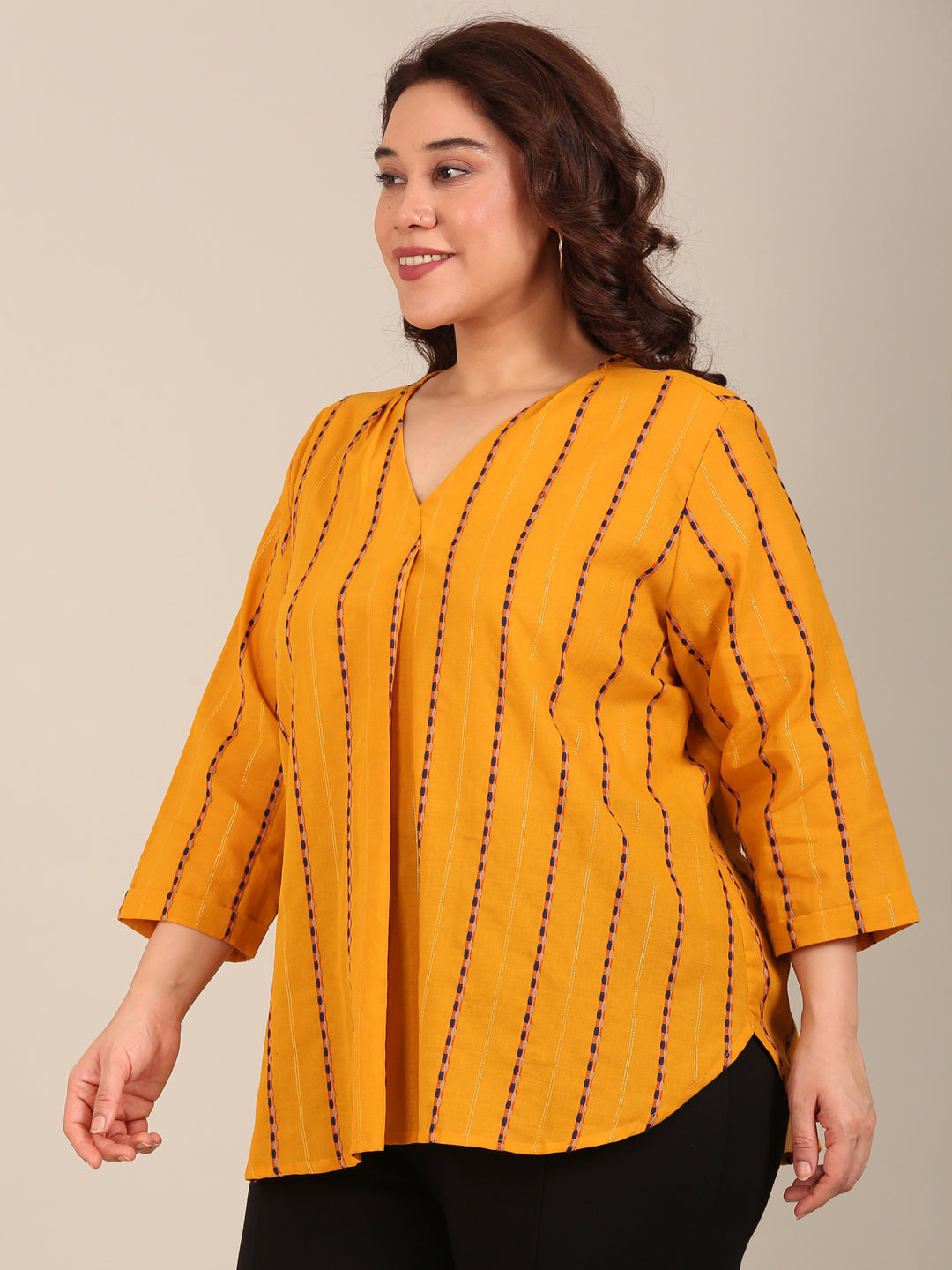 Mustard Striped V-Neck Top
