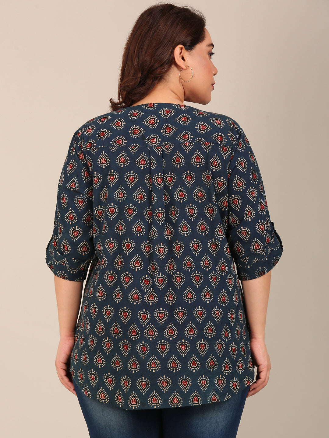 Navy Cotton Printed V Neck Top