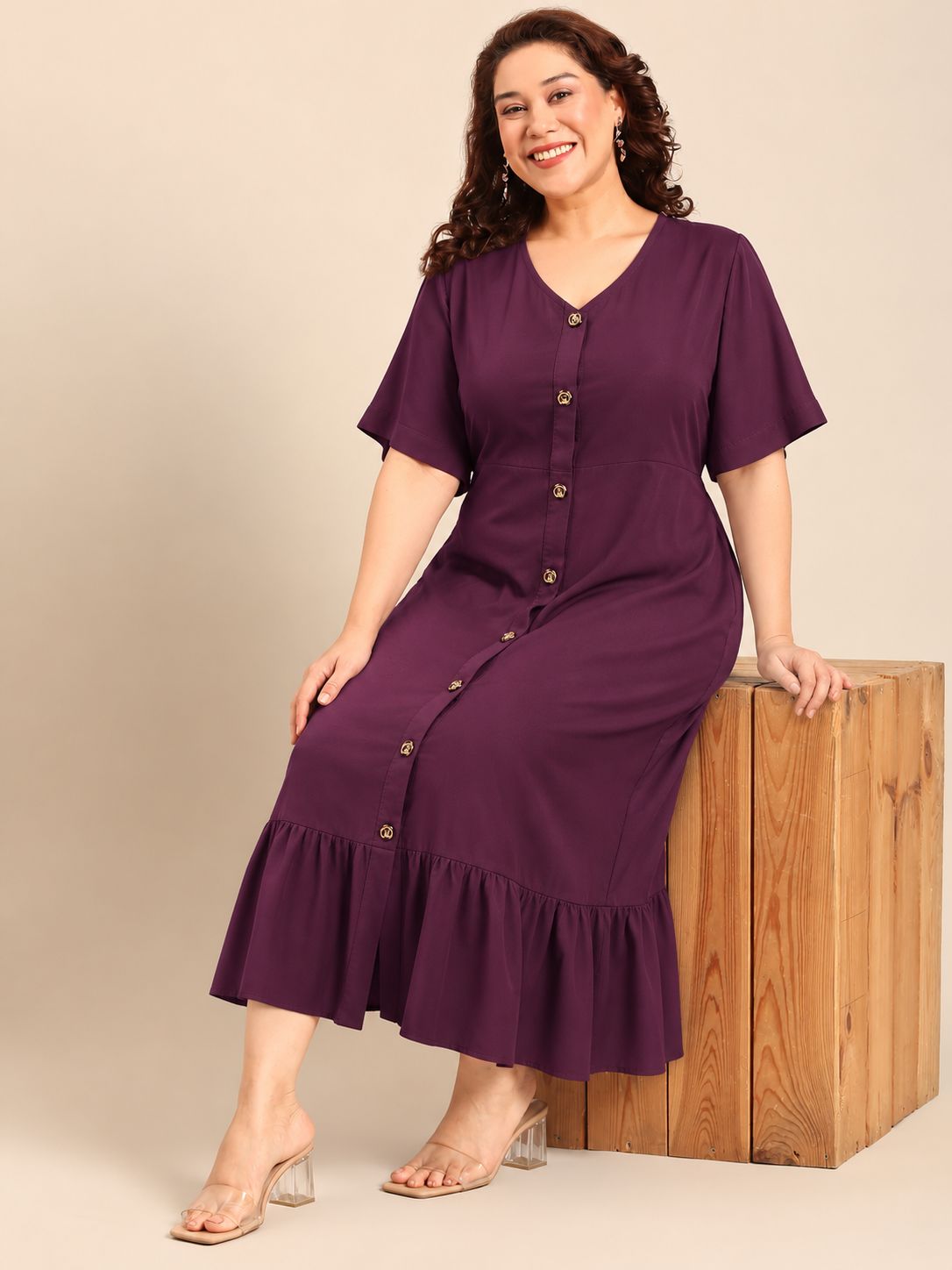 Maroon A-Line Button Down Dress