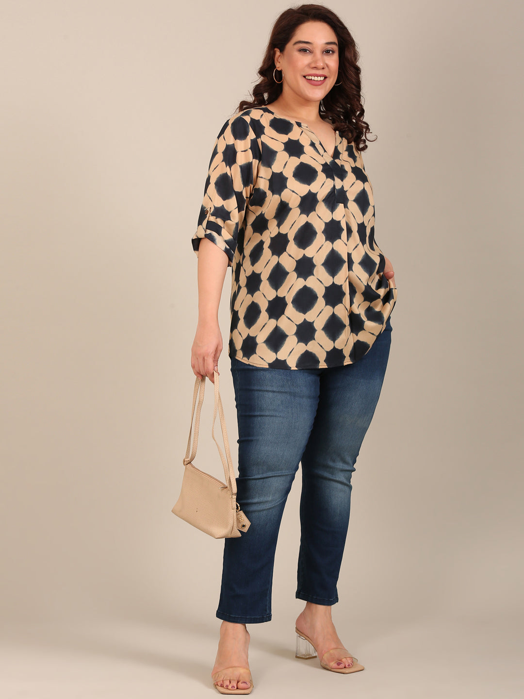 Beige & Black Printed Top