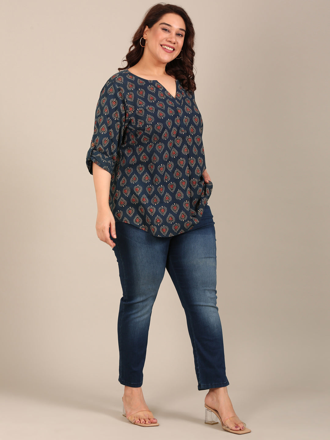 Navy Cotton Printed V Neck Top