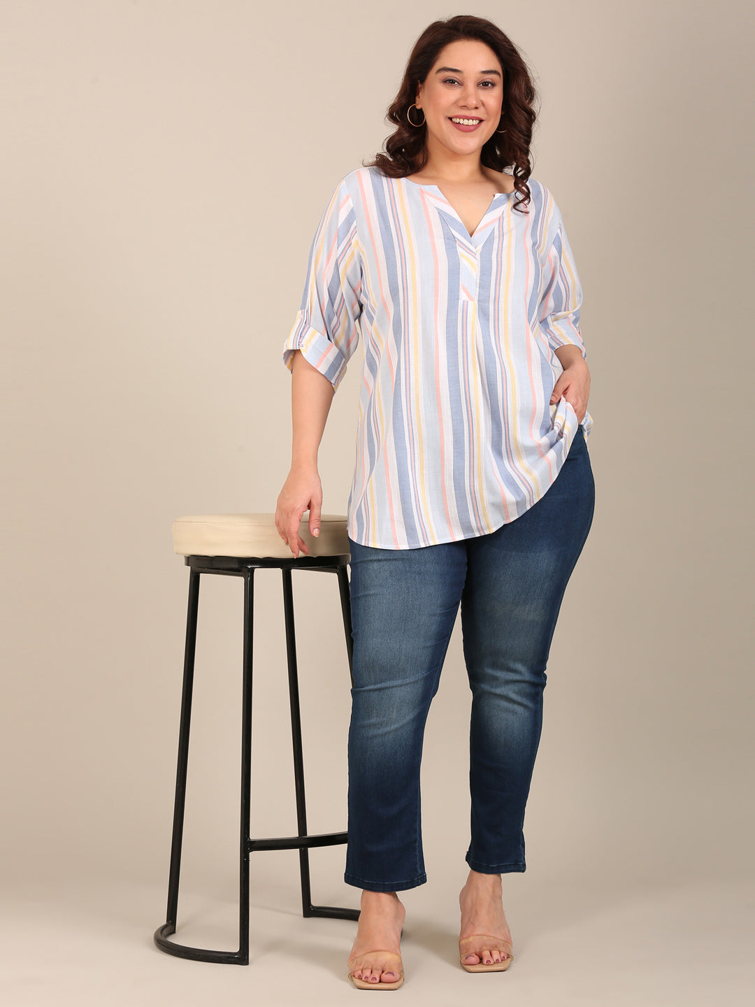 Multi Striped Front Pleat Top