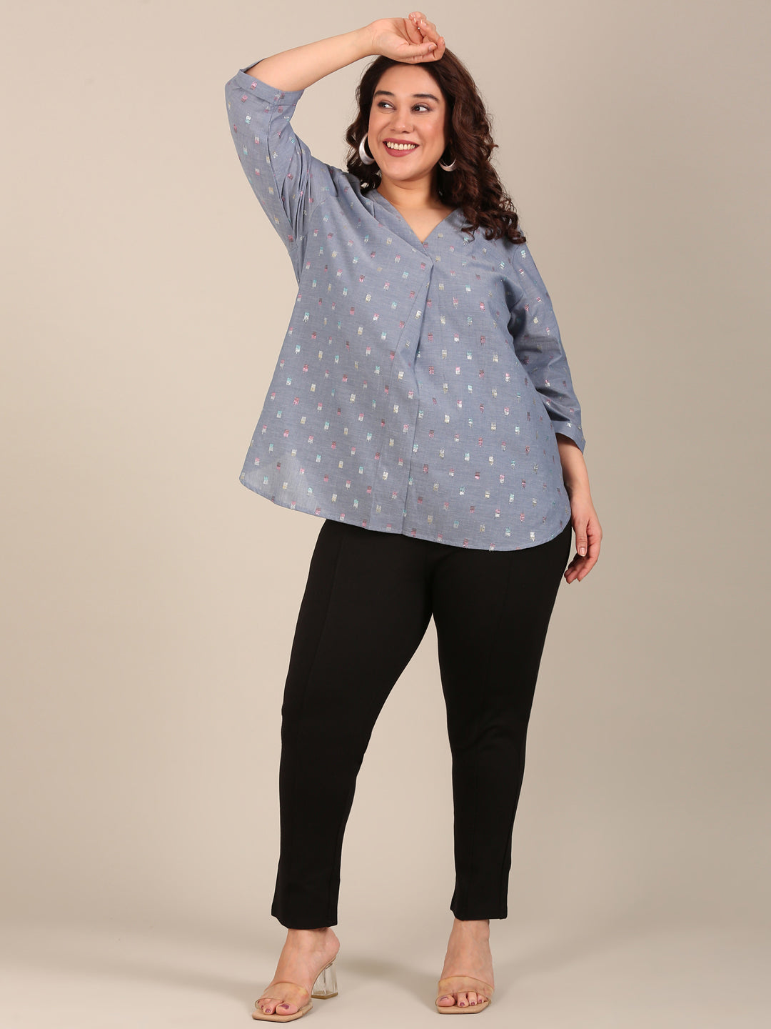 Multi-Color Dobby V-Neck Top