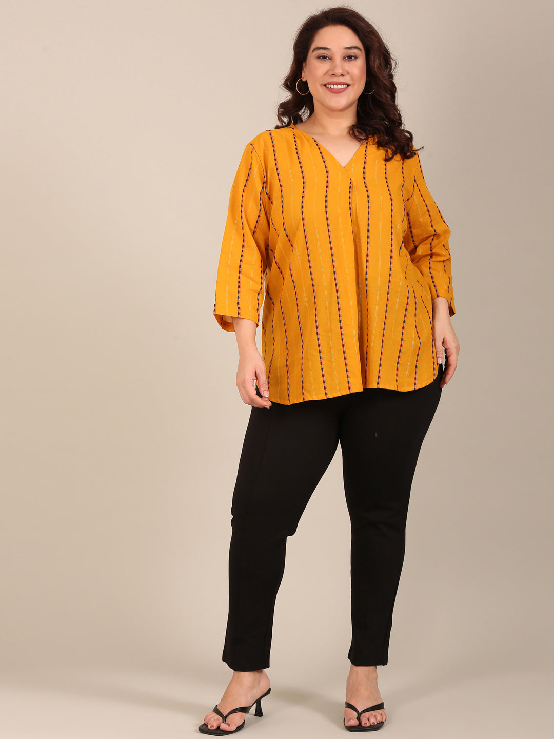 Mustard Striped V-Neck Top