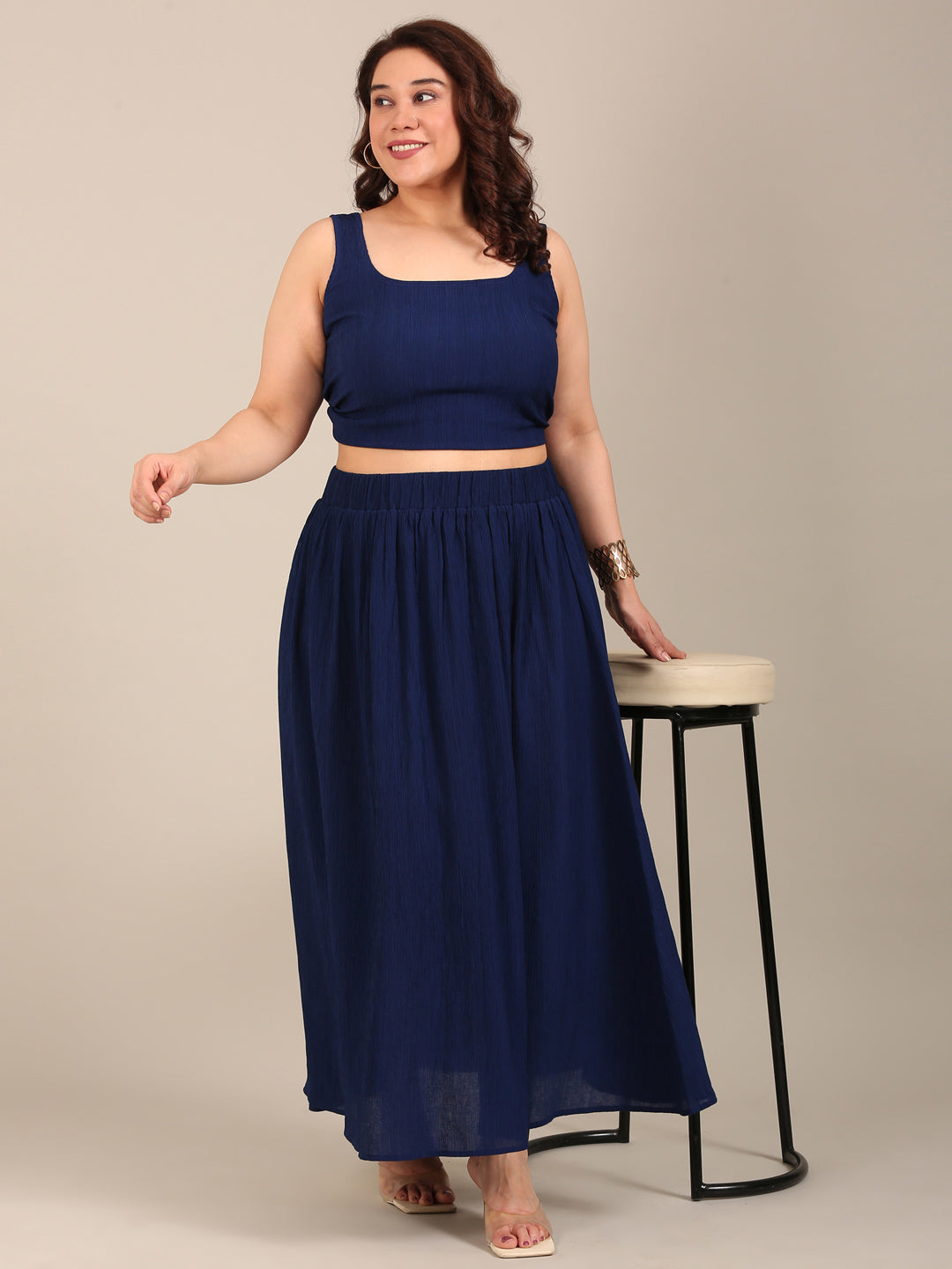 Navy Crepe Crop Top & Skirt Co-ord Set (2 Piece)