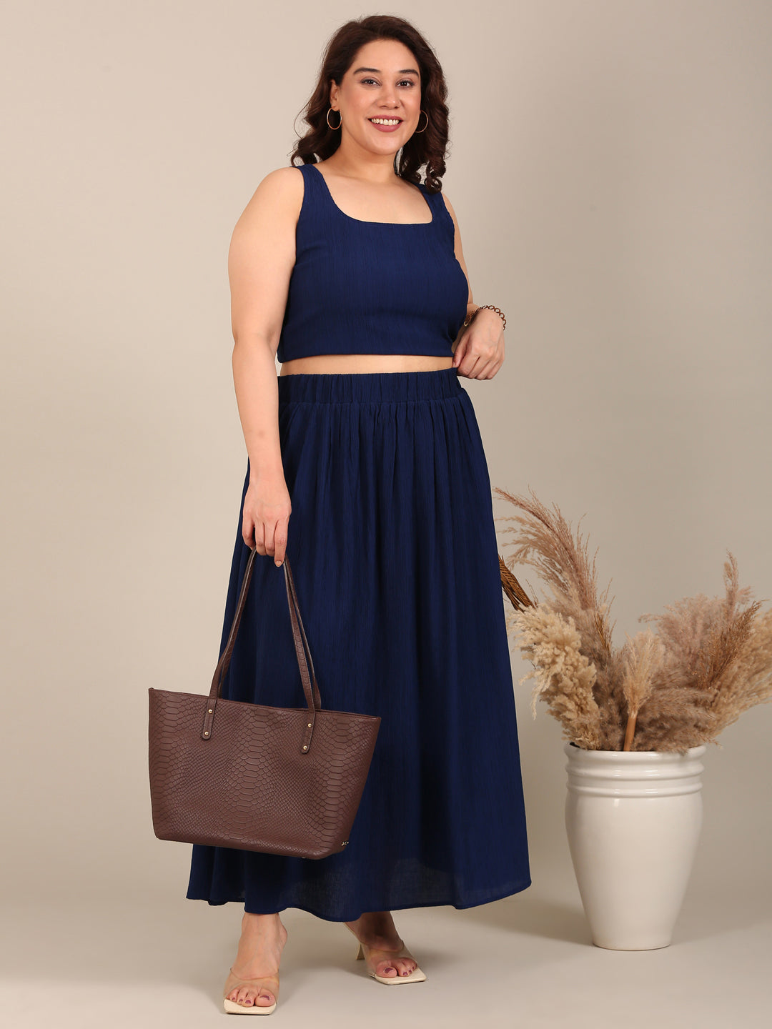 Navy Crepe Crop Top & Skirt Co-ord Set (2 Piece)