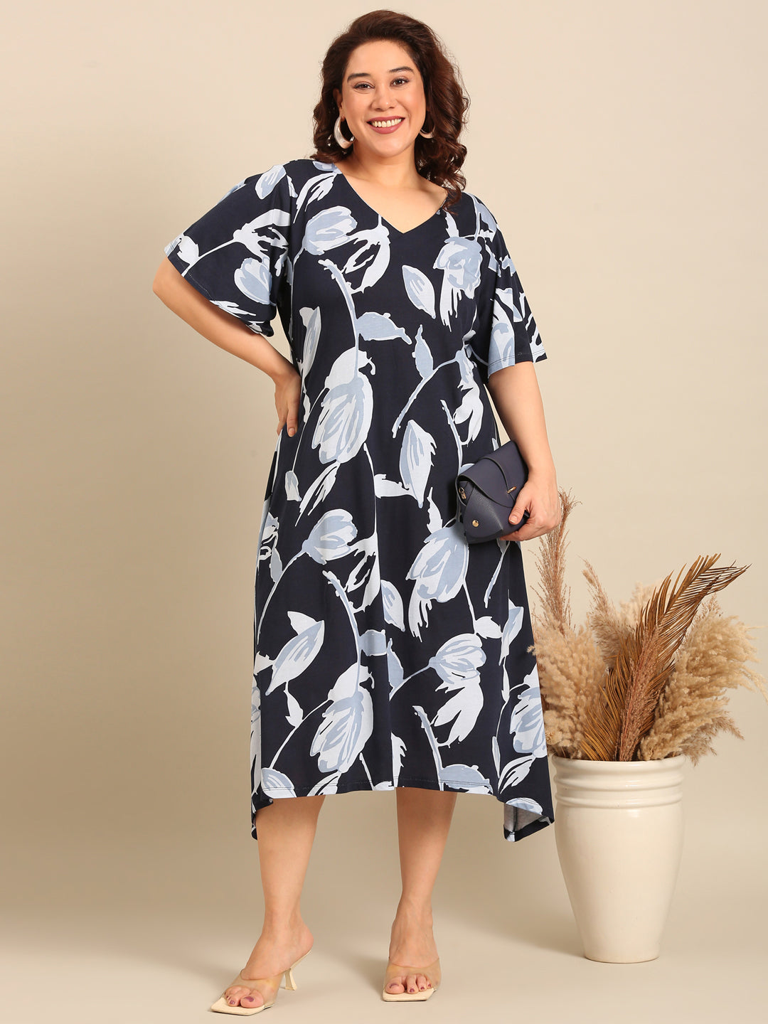 Navy Blue Printed A-Line Dress