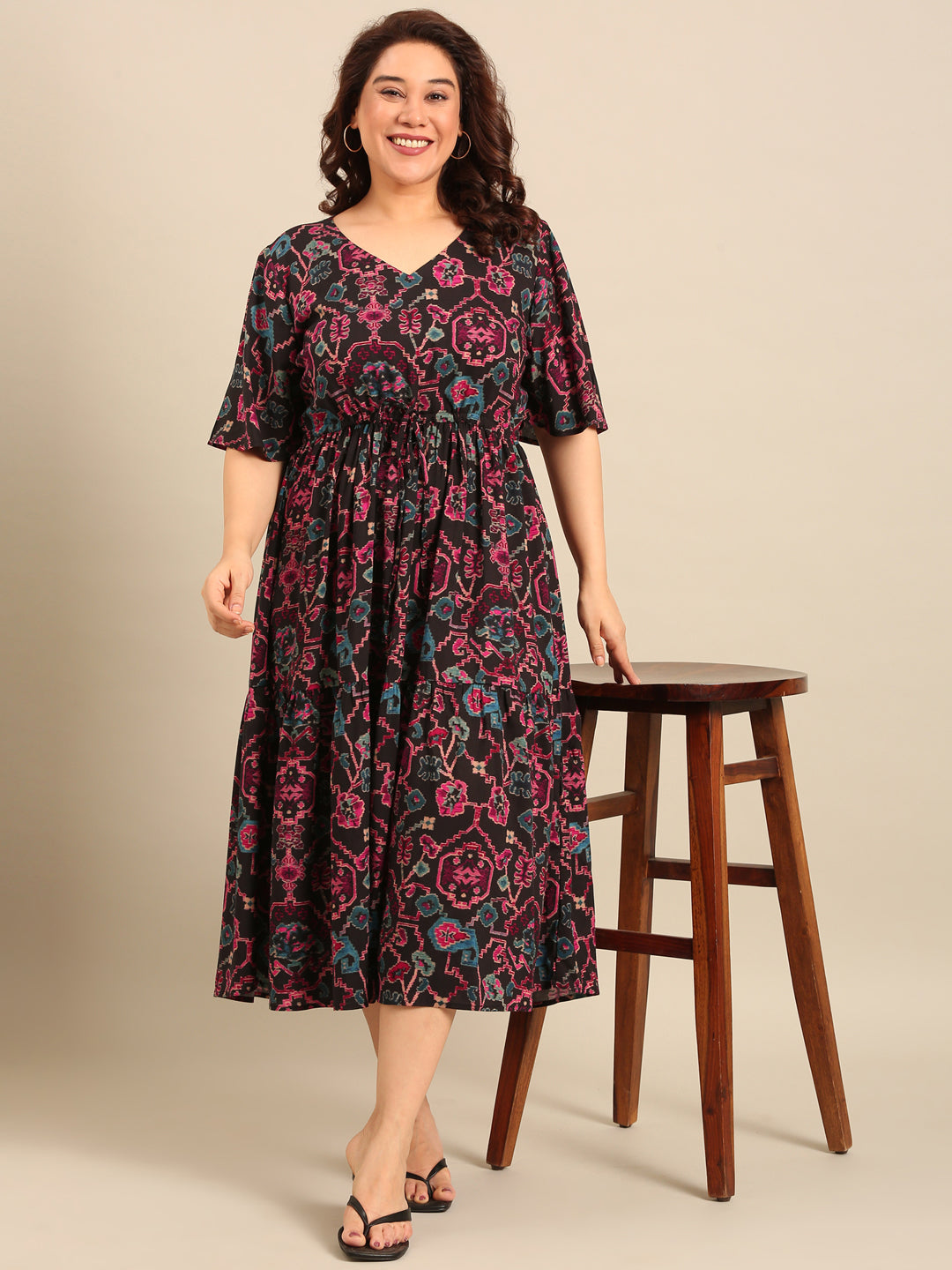 Black Ikkat Print Dress with Waist Tie