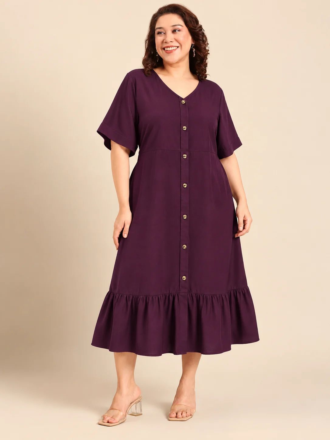 Maroon A-Line Button Down Dress