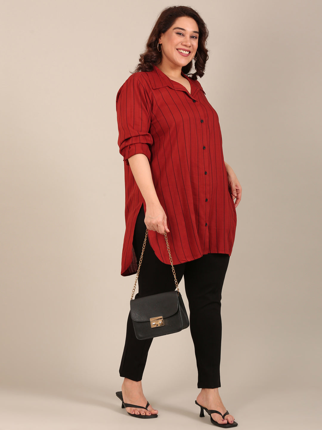 Red Striped Long-Line Shirt