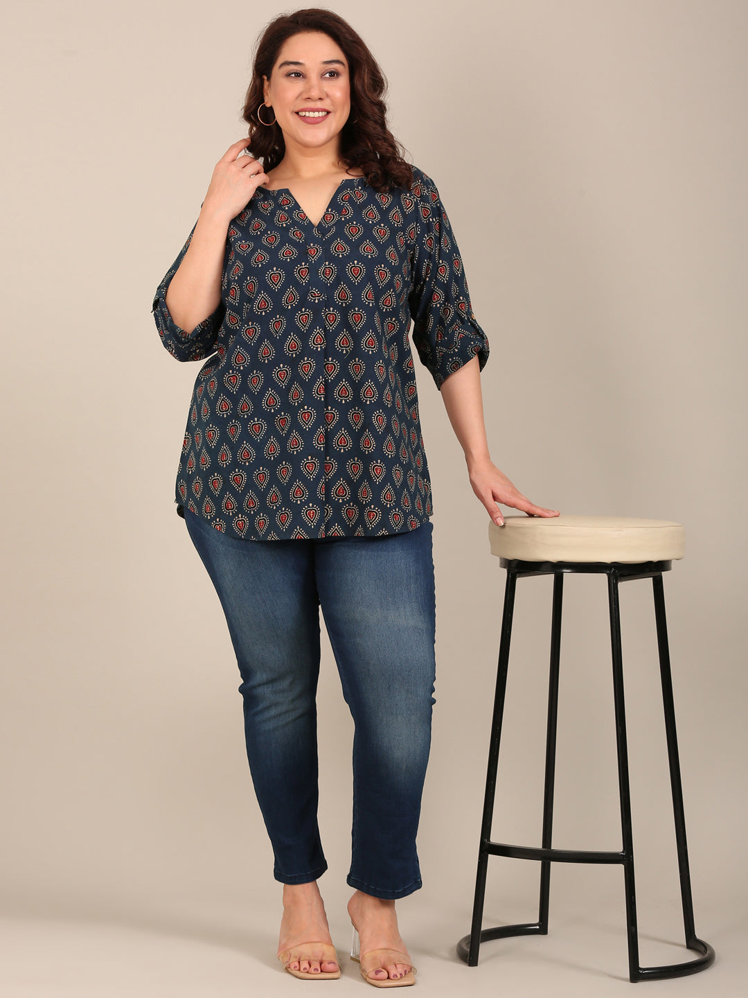 Navy Cotton Printed V Neck Top