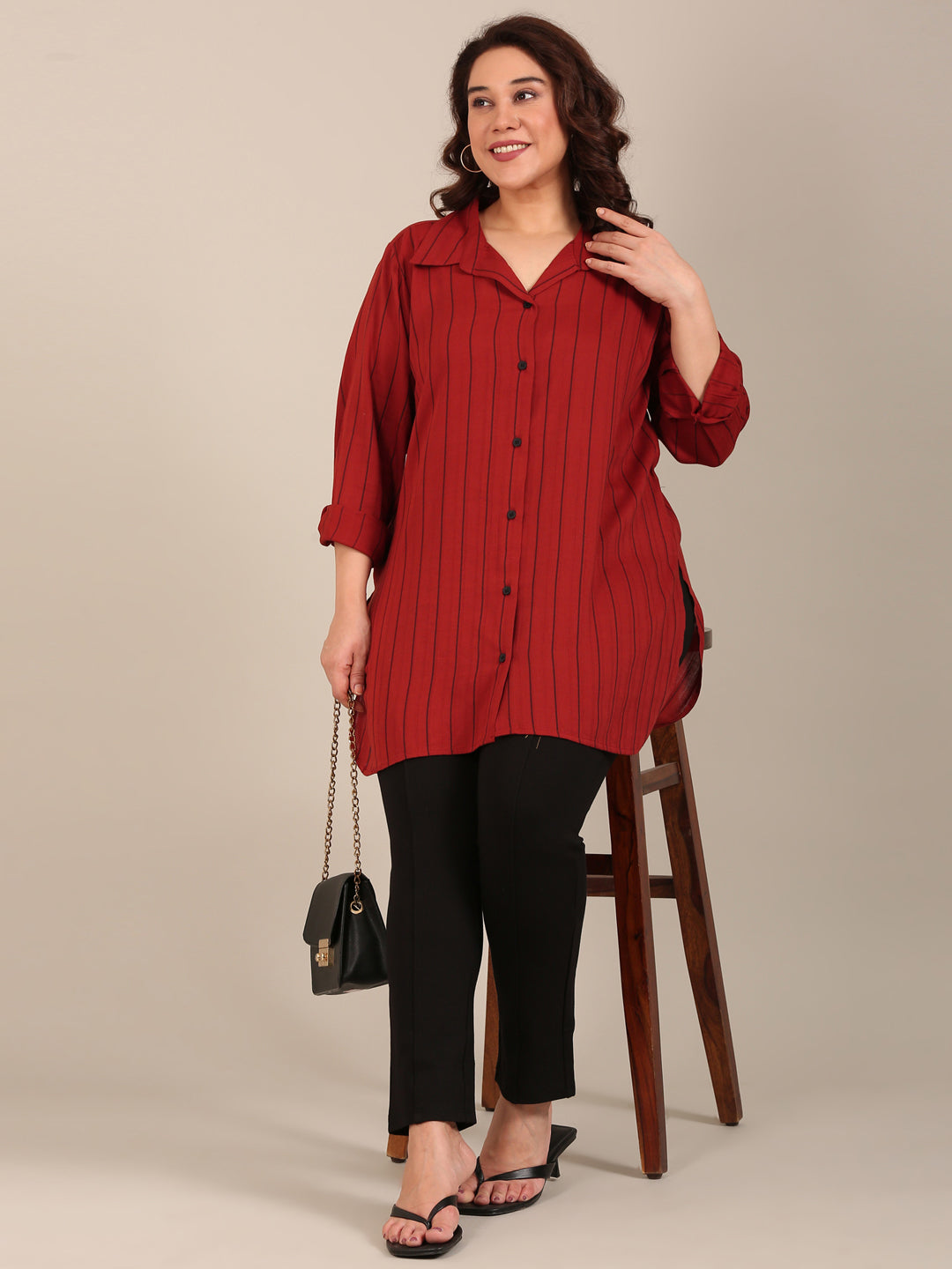 Red Striped Long-Line Shirt