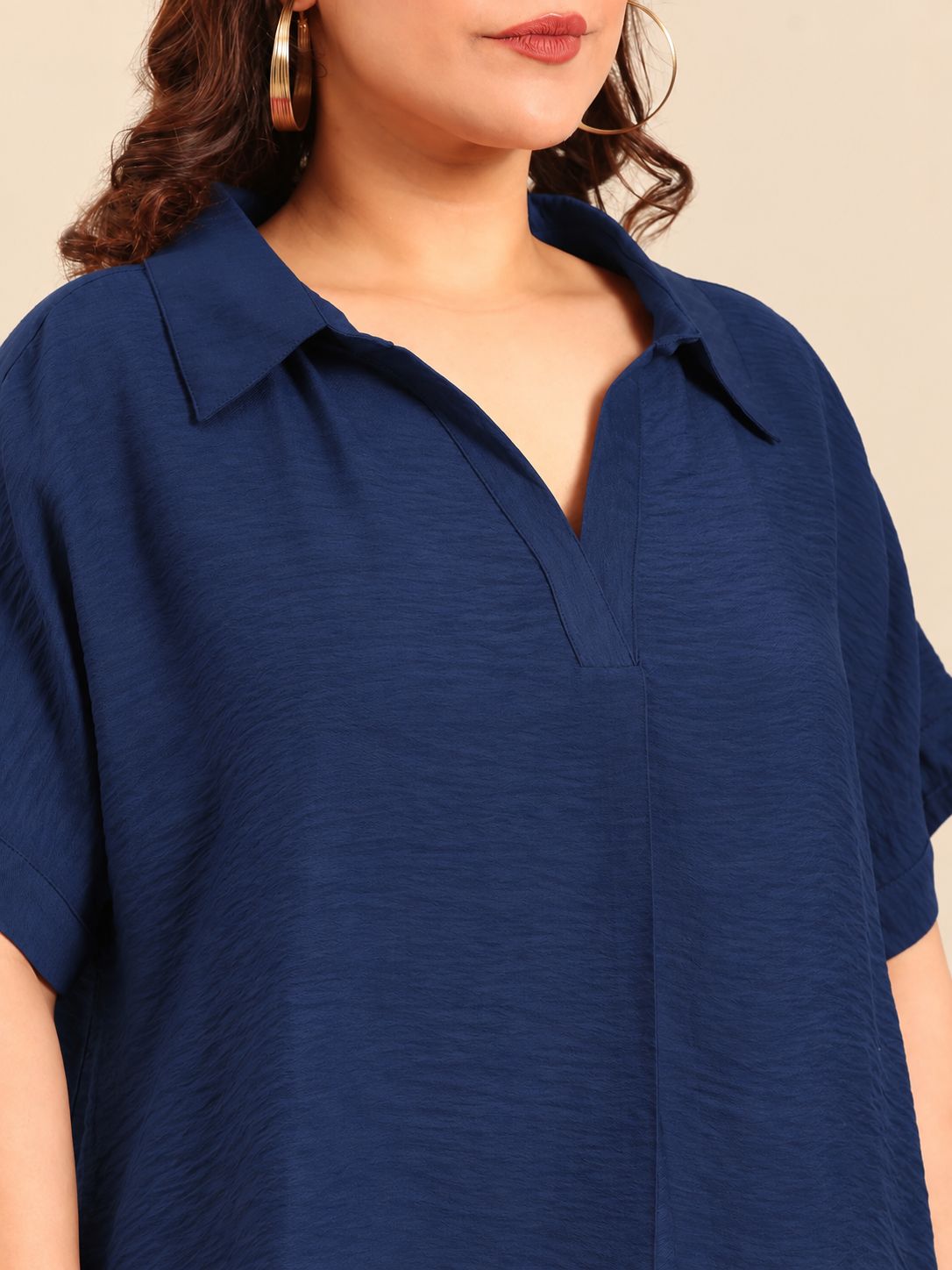 Cyan Navy Drop-Shoulder Collar Top