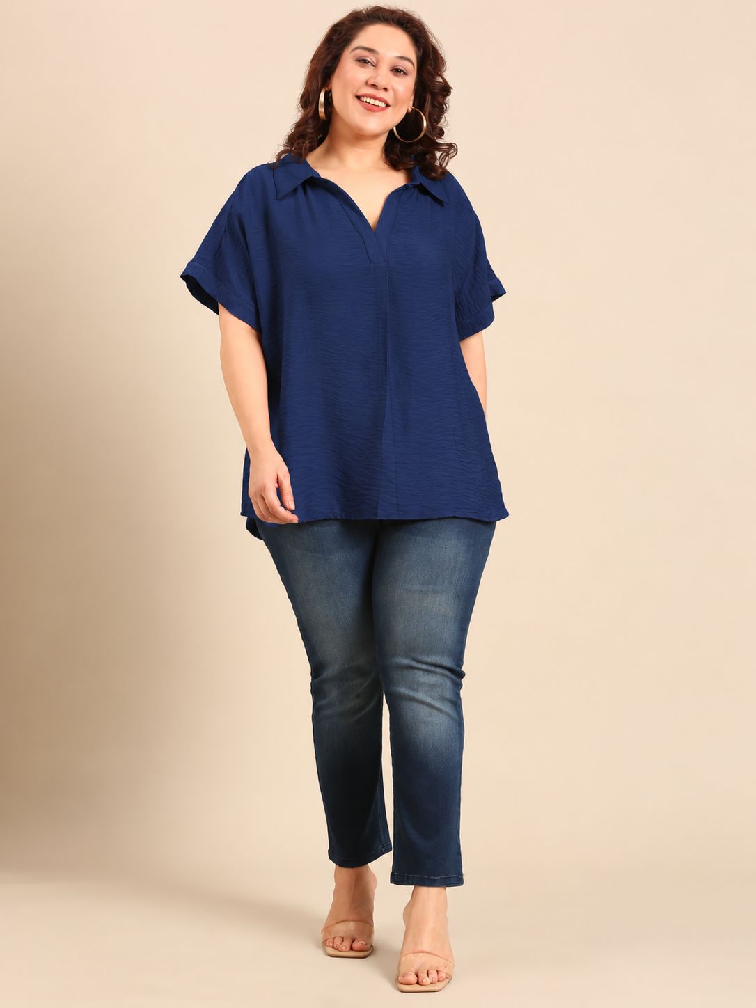 Cyan Navy Drop-Shoulder Collar Top