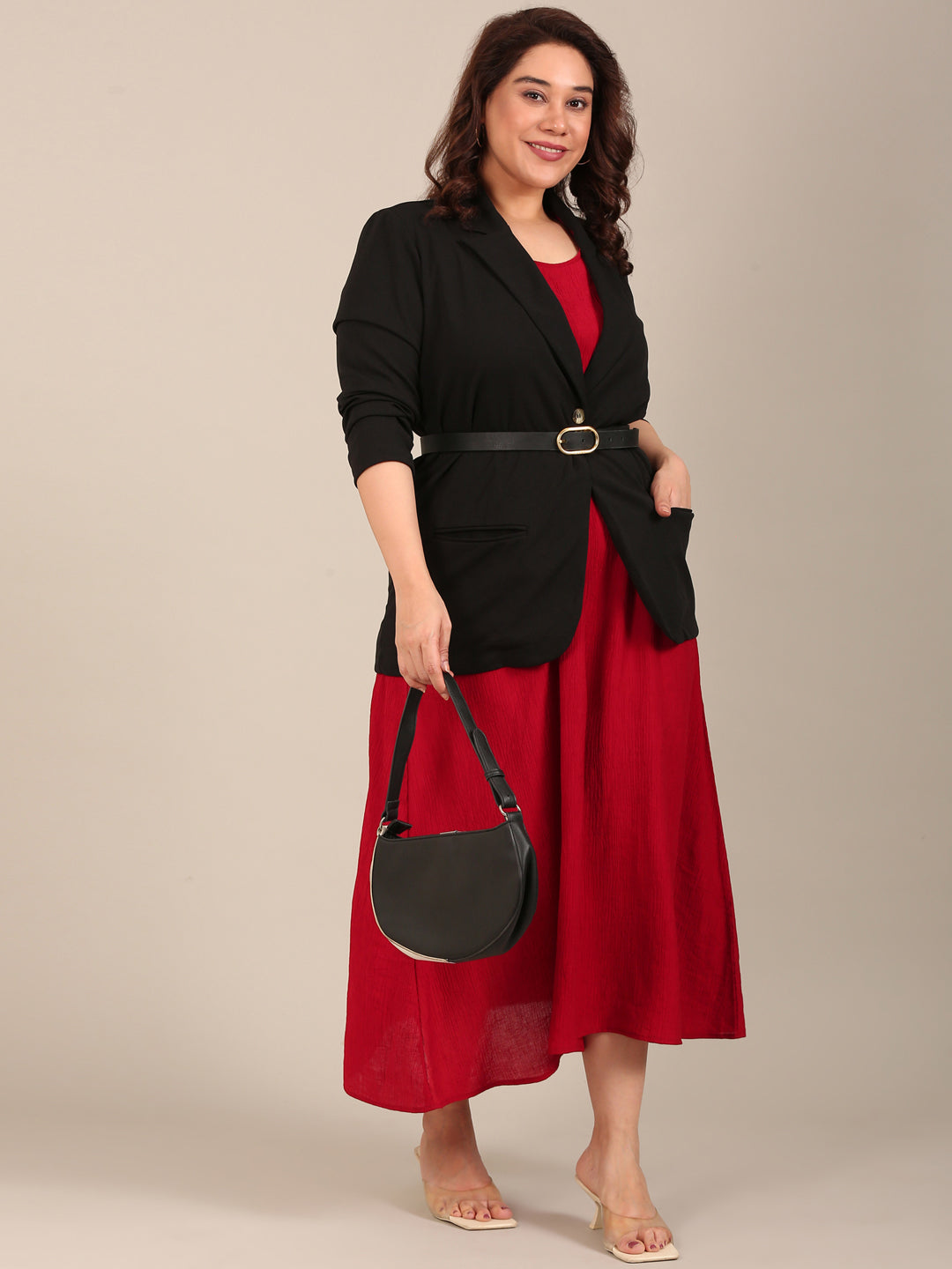 Black Blazer & Red Sleeveless Dress Set (2-Piece)