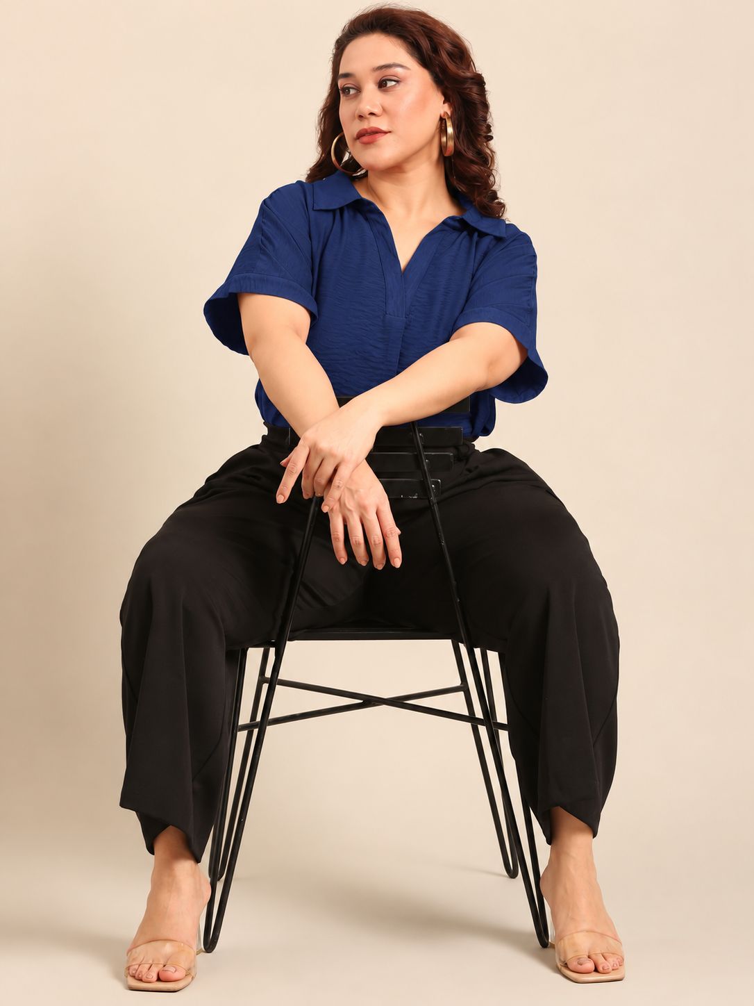 Cyan Navy Drop-Shoulder Collar Top