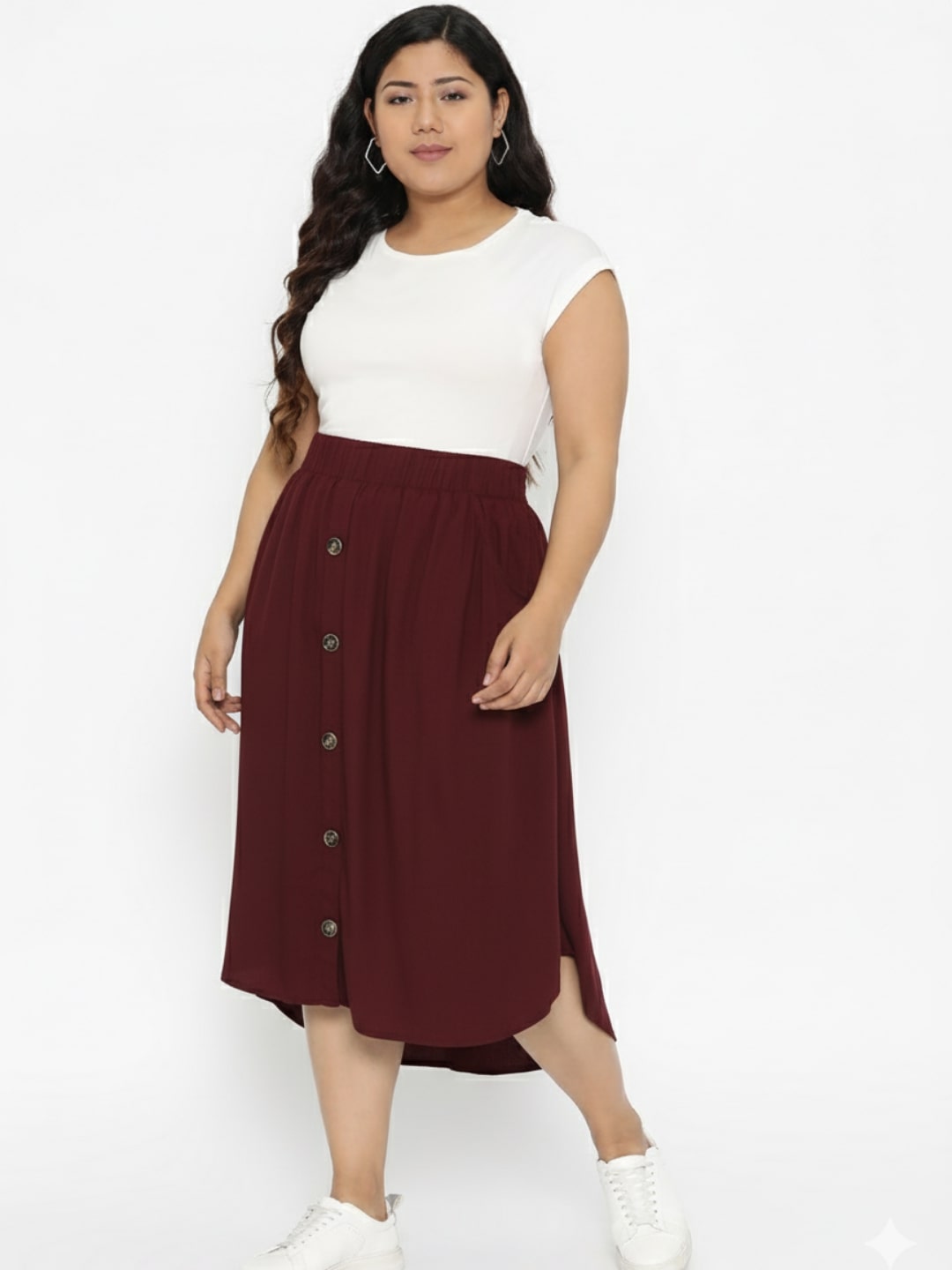 Burgundy A-line Button Skirt