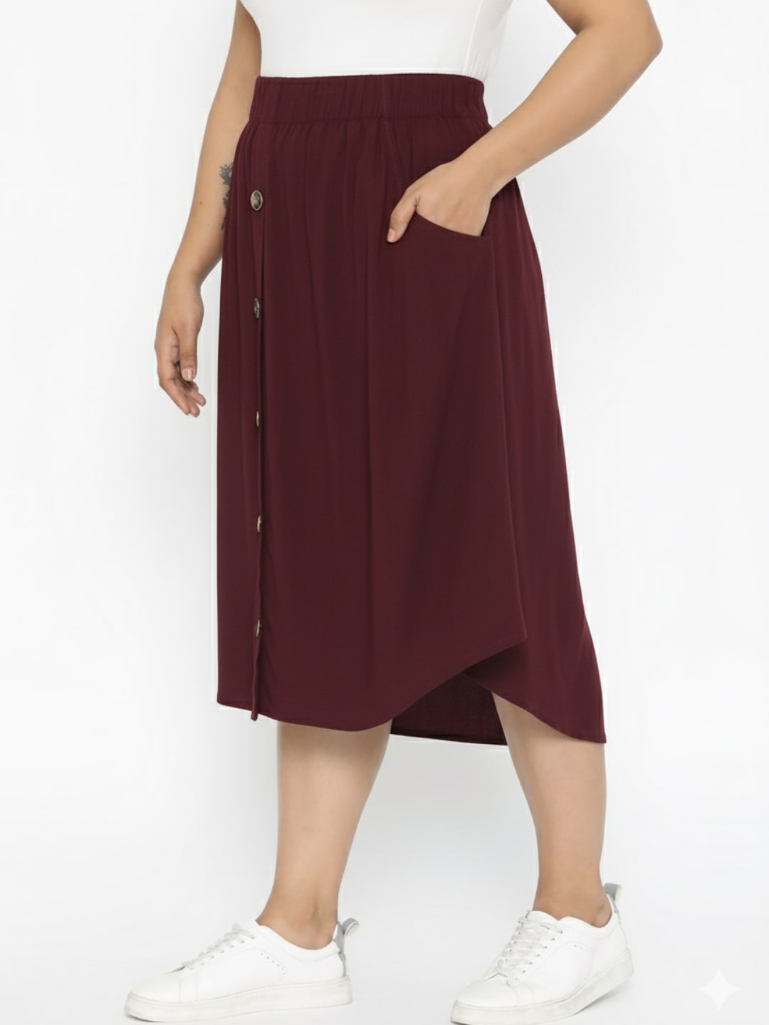 Burgundy A-line Button Skirt