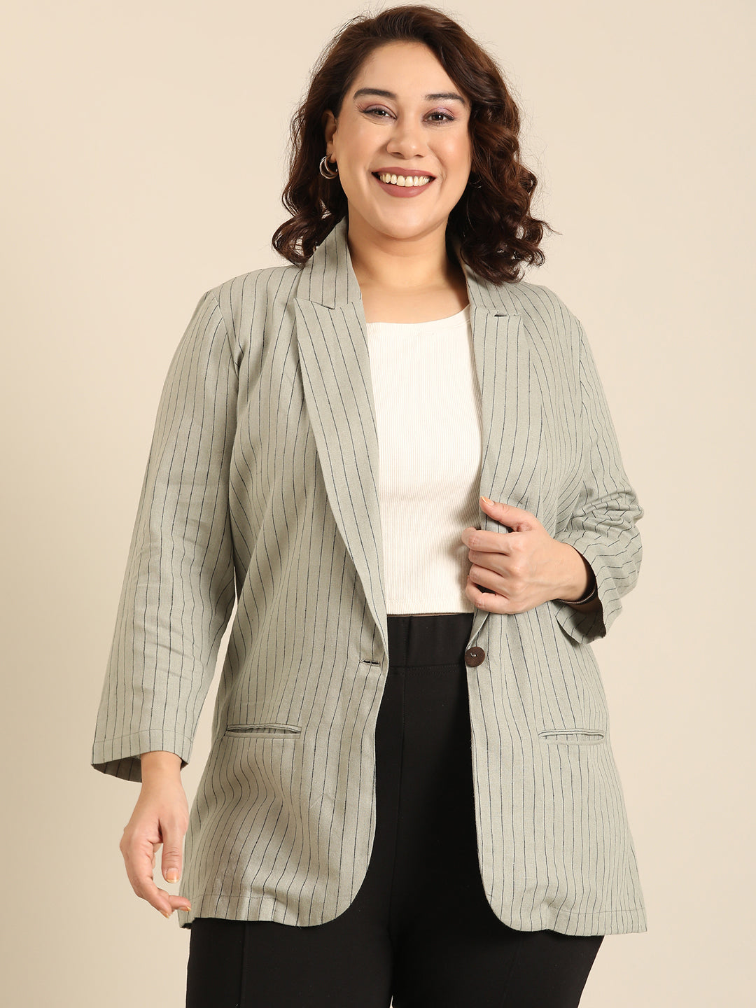 Olive Striped Linen Formal Blazer