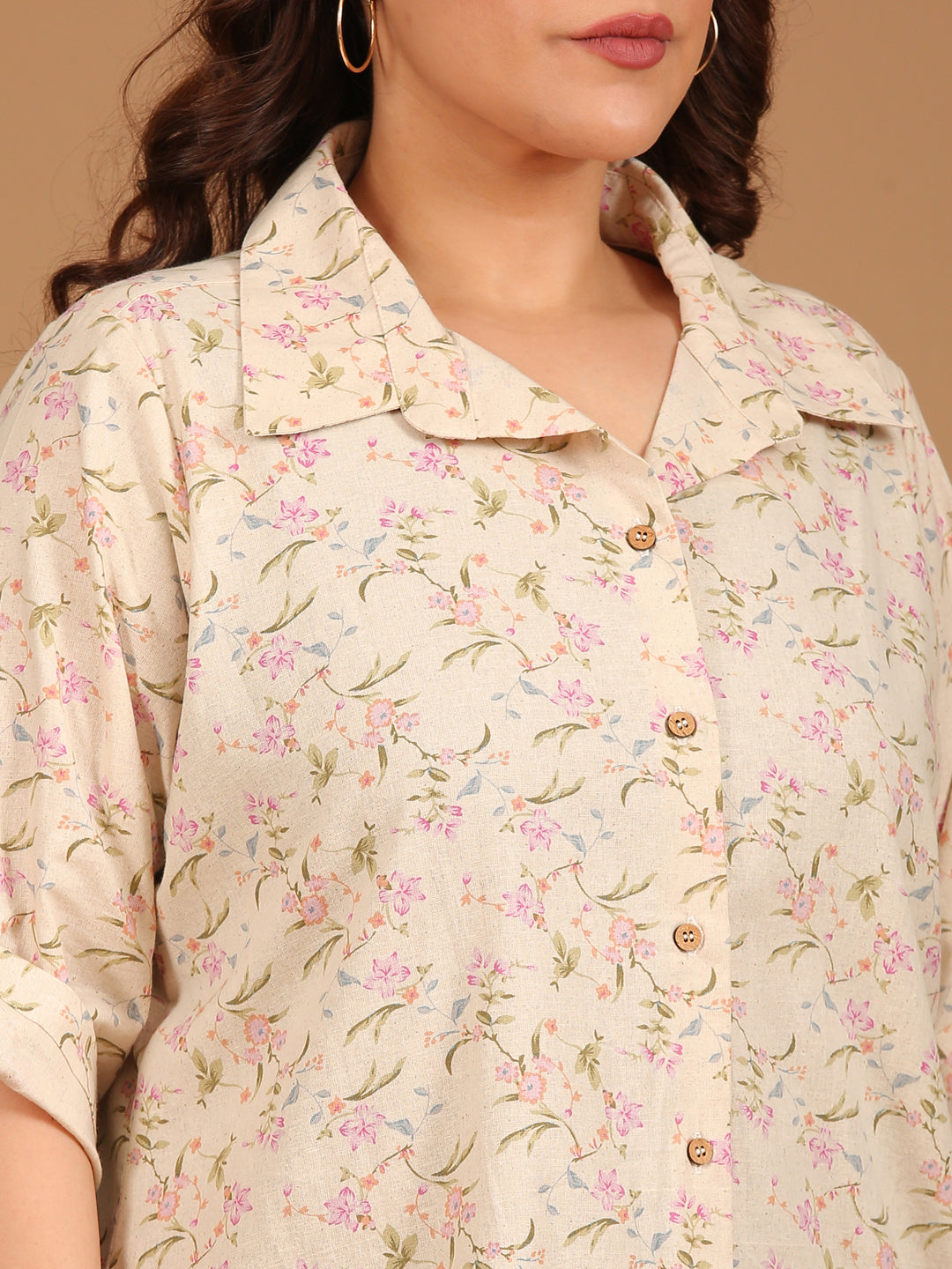 Beige Floral Button-Down Shirt