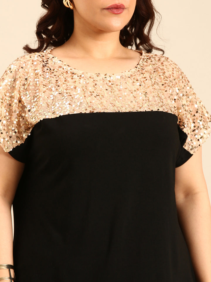 Beige Sequins Fabric Colorblock Top