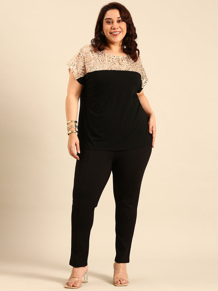 Beige Sequins Fabric Colorblock Top