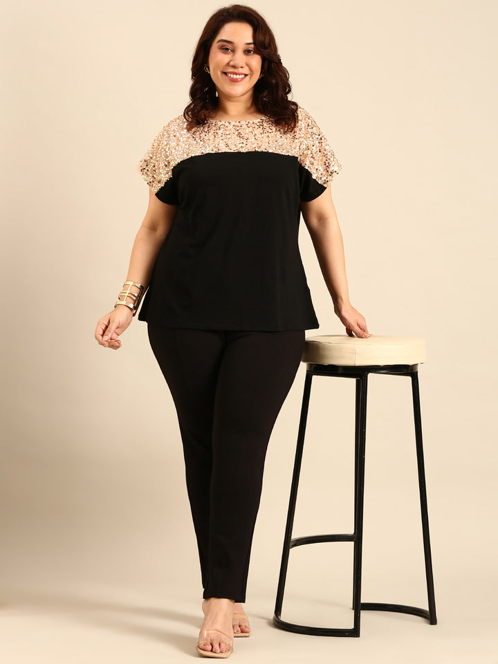 Beige Sequins Fabric Colorblock Top