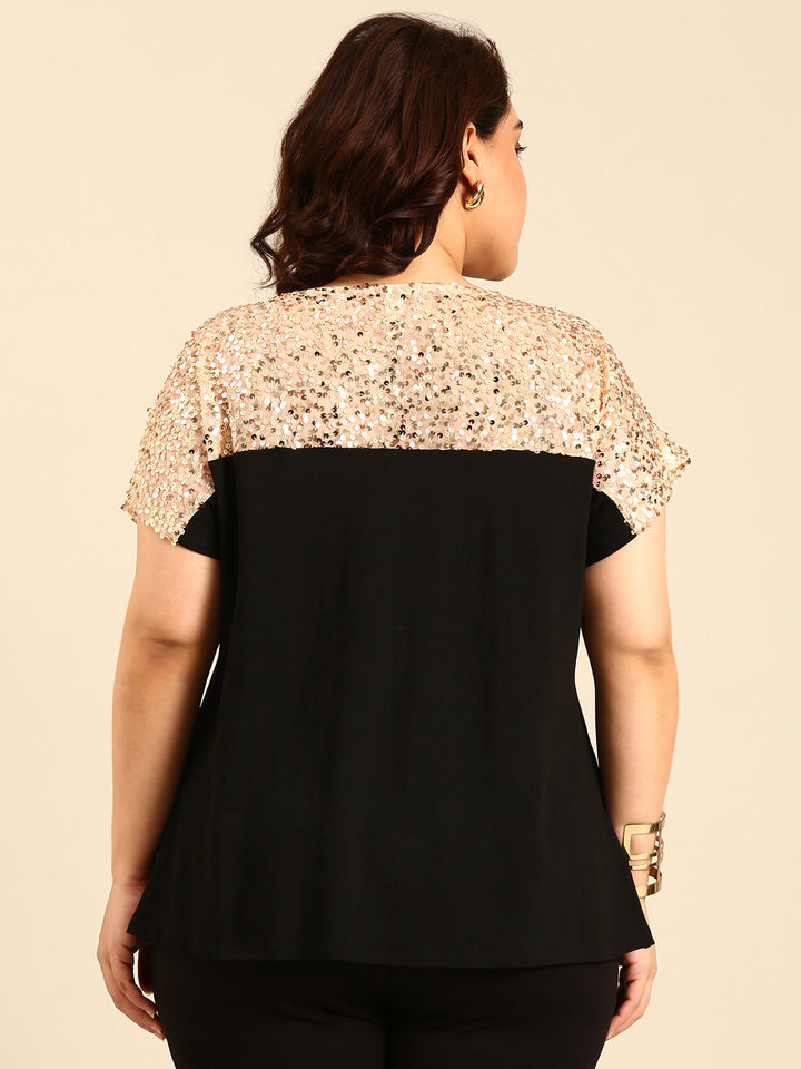 Beige Sequins Fabric Colorblock Top