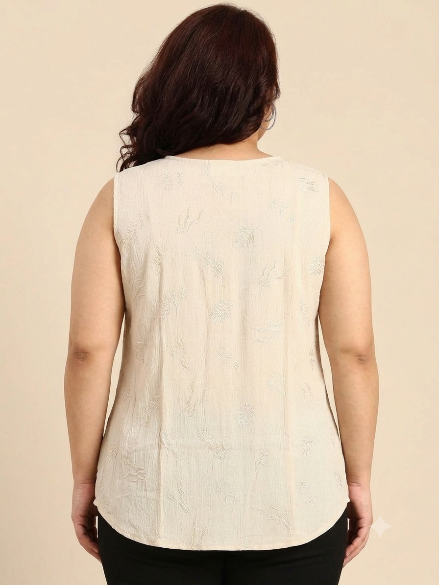 Beige Textured Sleeveless V-Neck Top