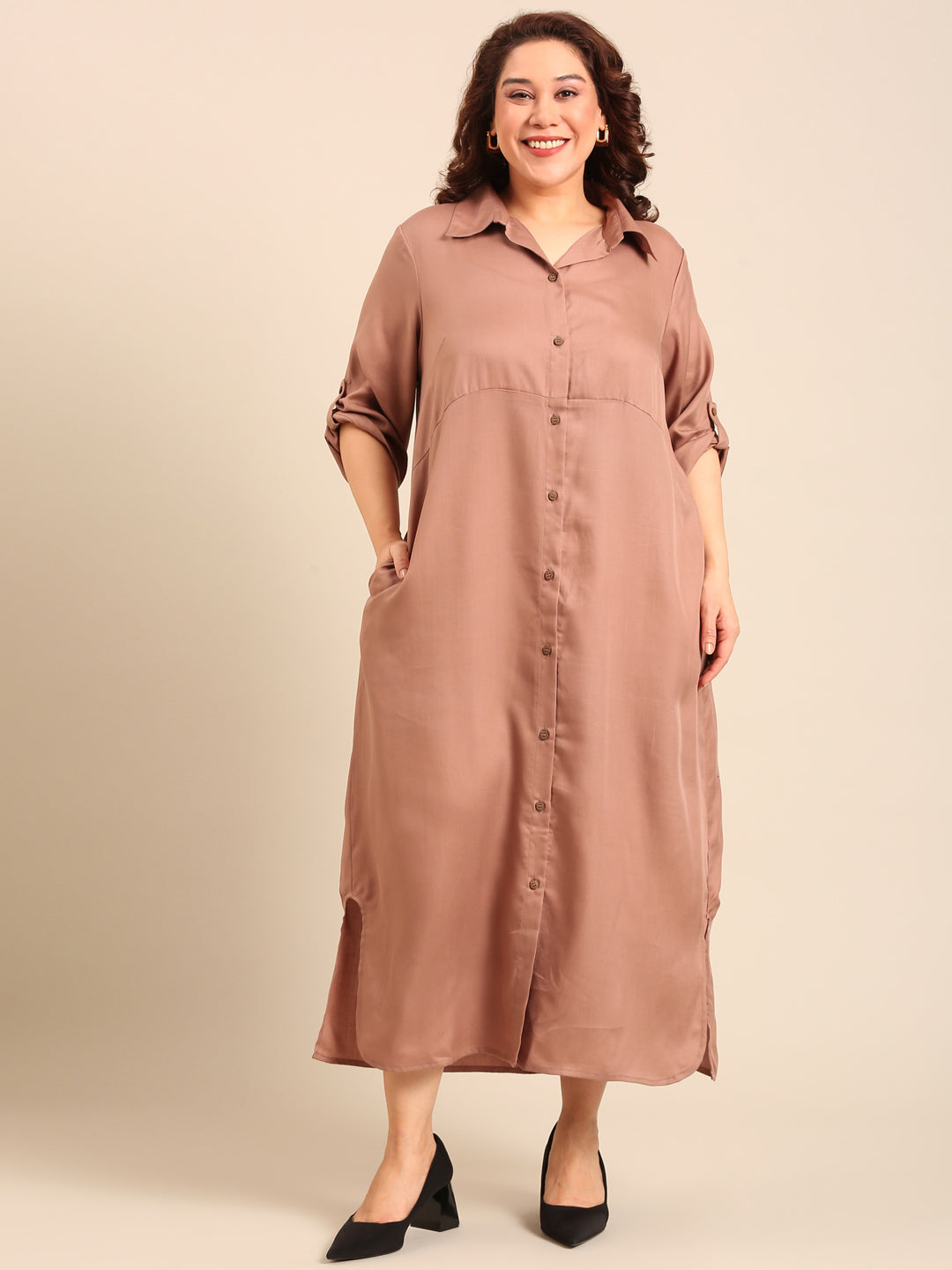 Beige Twill Maxi Shirt Dress Casual Style