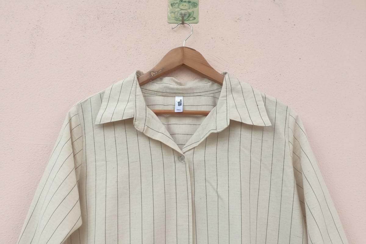 Beige Vertical Stripe Button-Down Shirt