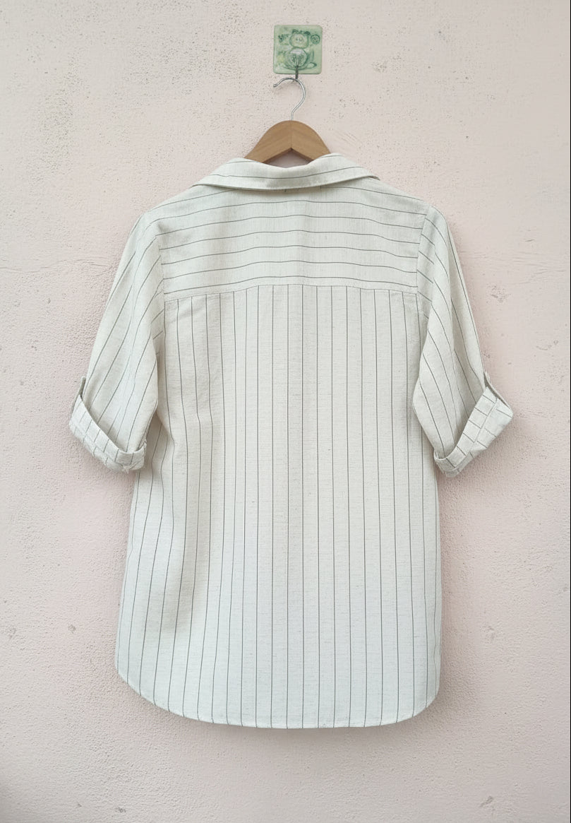 Beige Vertical Stripe Button-Down Shirt