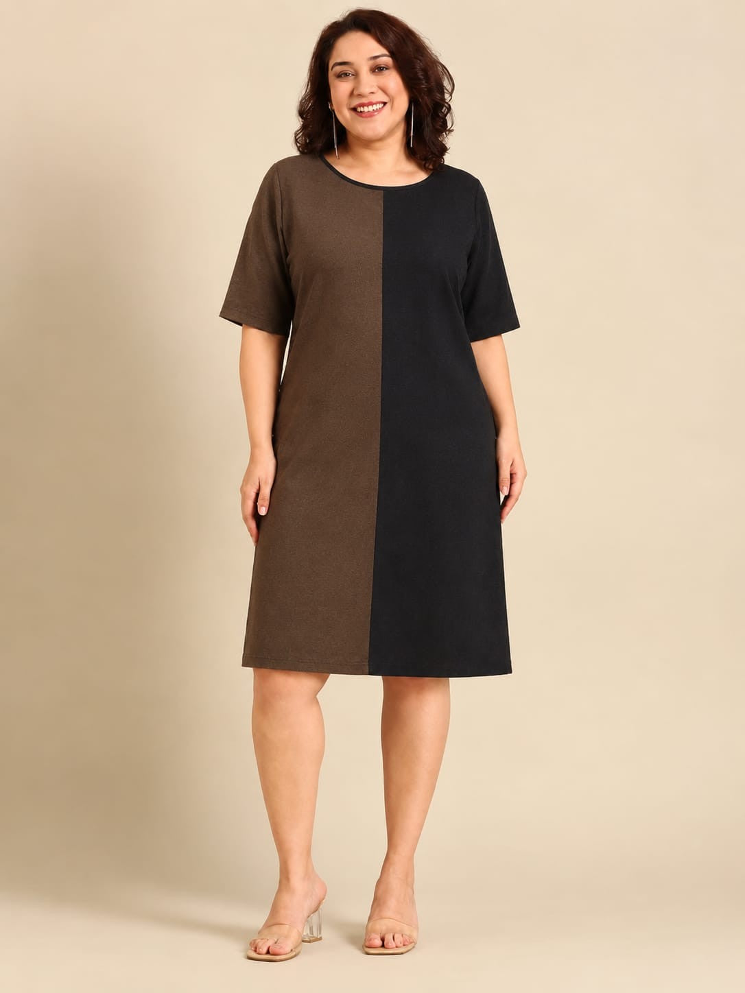 Black & Brown Colourblock Sheath Midi Dress
