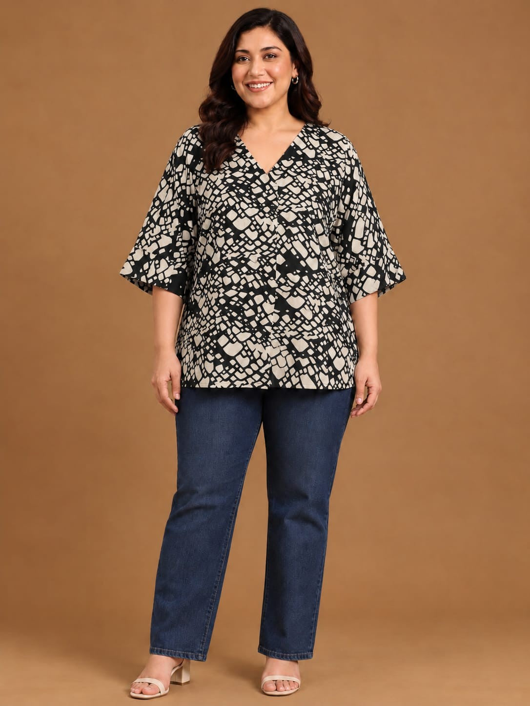 Black Cotton Printed V-Neck Top